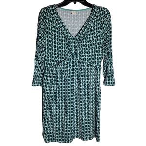 Boden Women's Size 12R Mini Dress 3/4 Sleeve Pullover V-Neck Stretch Geo Green